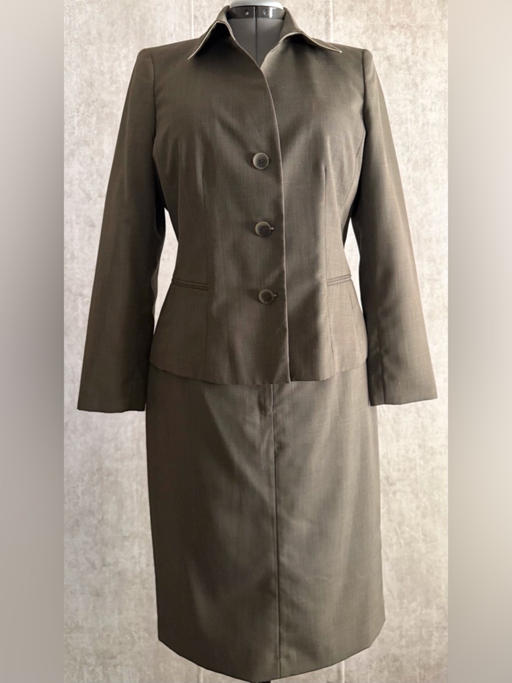 Kasper 2pc Professional Career Olive Brown Micro-Check Pencil Skirt Suit Sz 12